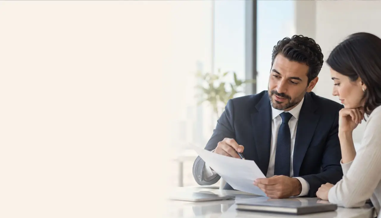 Attorney reviewing company documents with a client